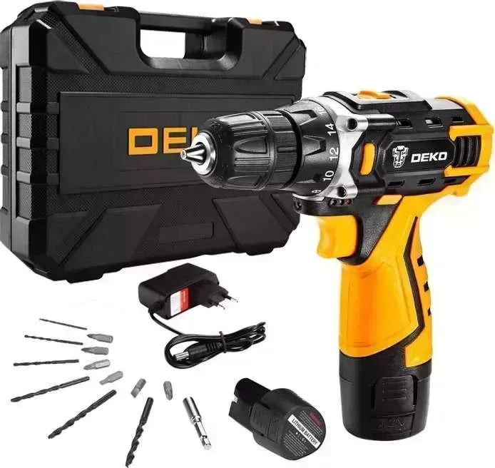 Дрель аккумуляторная DEKO DKCD12FU-Li SET3 в кейсе + оснастка 13 шт, 2*1,5 А·ч 063-4173 в + 13