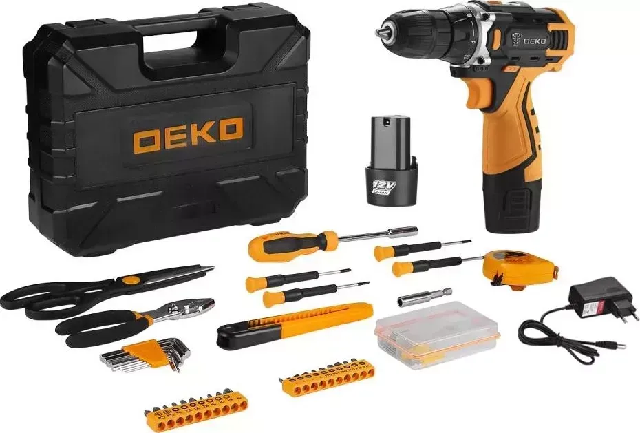Дрель аккумуляторная DEKO Banger 12V Li-Ion + набор инструмента 93 предмета, 2х2.0 Ач 063-4168