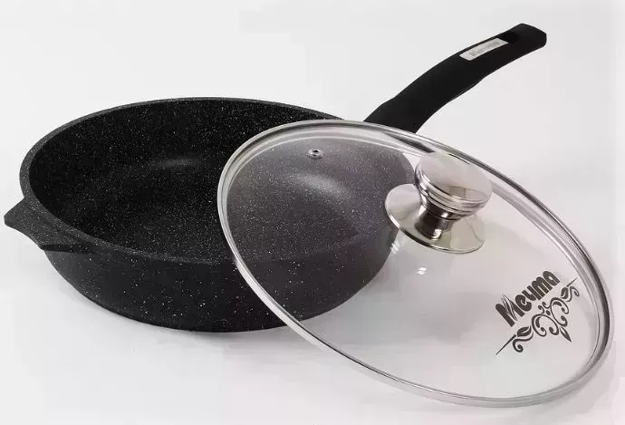 Сковорода МЕЧТА С26802 Гранит black 26см с несъемной ручкой и стекл. крышкой