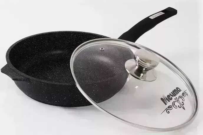Сковорода МЕЧТА С24802 Гранит black 24см с несъемной ручкой и стекл. крышкой