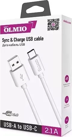 Кабель OLMIO USB 2.0 - USB type-C, 1м, белый (38899) Type-C -