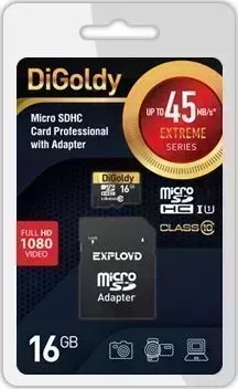Карта памяти DIGOLDY 16GB microSDHC Class 10 UHS-1 Extreme с адаптером (45мб/с)
