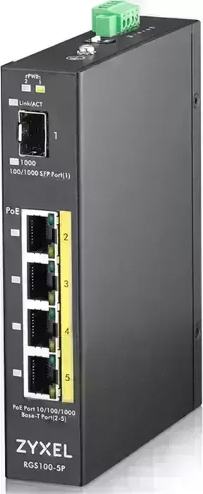 Коммутатор ZyXEL RGS100-5P, 5 Port unmanaged PoE Switch, 120 Watt PoE, DIN Rail, IP30, 12-58V DC (RGS100-5P-ZZ0101F)