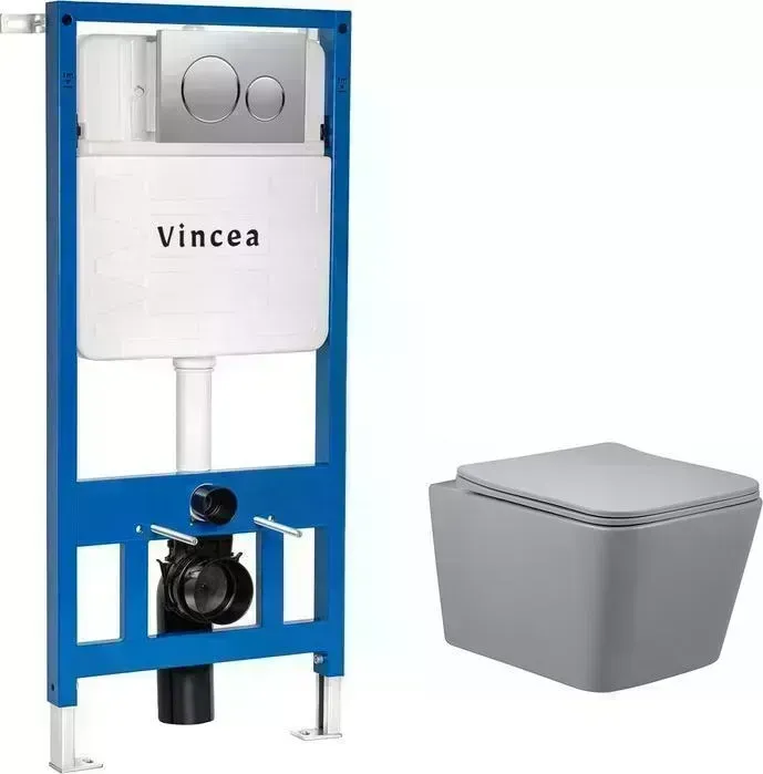 Комплект унитаза с инсталляцией Vincea Q-Line с , кнопкой и сиденьем микролифт, матовый серый (VT1-12MG, VIS-601, VFP-005CH) с , и