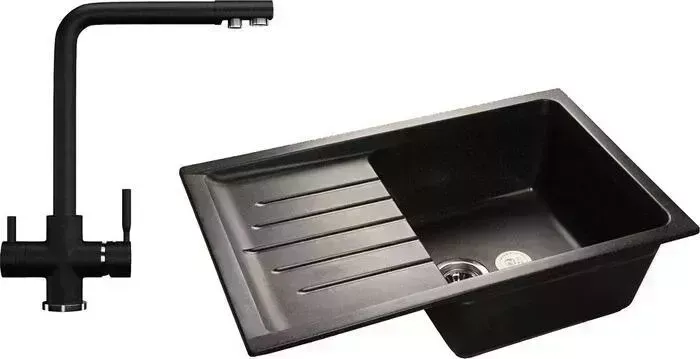 Мойка кухонная и смеситель GranFest и смеситель Practik GF-P760L, Ulgran U-016 с сифоном, черная