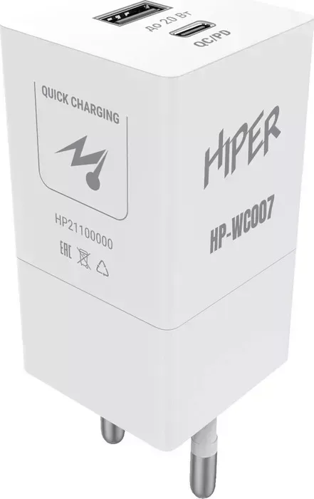 Сетевое зарядное устройство Hiper (СЗУ) HP-WC007 3A+2.22A PD+QC универсальное белый