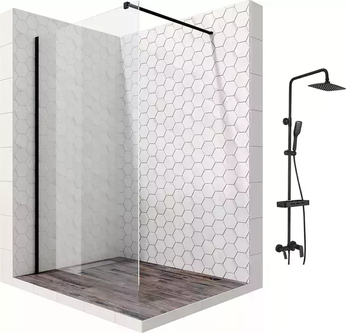 Душевой уголок Ambassador Walk-in 90x100-70 с душевой системой Lemark, прозрачный, черный (15031109, LM7002BL)