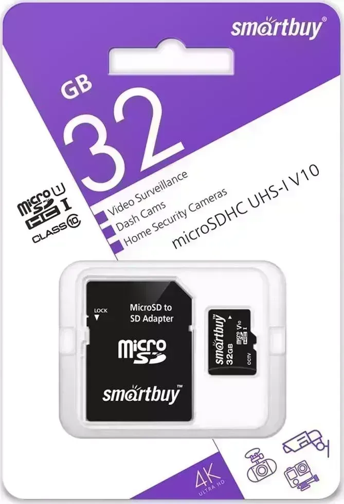 Карта памяти SMARTBUY (SB32GBSDCCTV) micro SDHC 032GB cl10 U1 V10 + адаптер