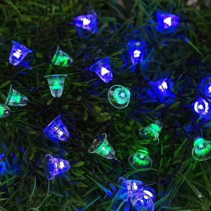 Гирлянда LUAZON LIGHTING Нить 4.5 м с насадками Колокольчики, IP44, тёмная нить, 30 LED, свечение синее/зелёное, 2 режи на солнечной батарее м с 30 2 ма, солнечная батарея 62533