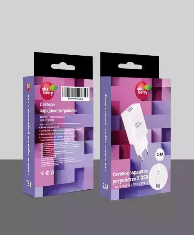 Сетевой адаптер AKSBERRY СЗУ T38 2 USB 2.4A + Type- C , белый И 2 + C ,