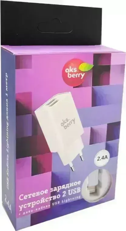Сетевой адаптер AKSBERRY СЗУ T38 2 USB 2.4A + Lightning, белый
