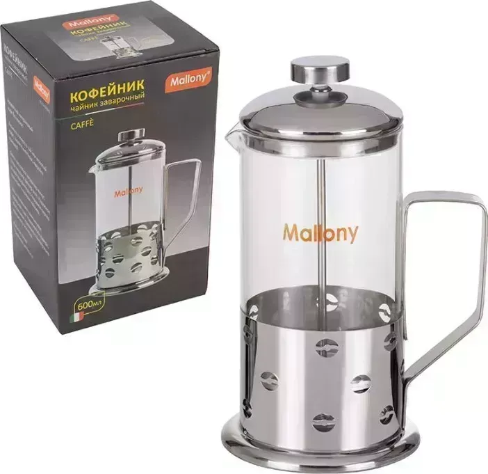 Чайник заварочный MALLONY /кофейник (кофе-пресс) Caffe, 600 мл, из жаропр стекла, в корпусе из нерж стали, B535-600ML (950146)
