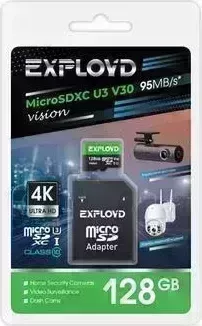 Карта памяти EXPLOYD MicroSDXC 128GB Class 10 (U3) V30 Vision+ адаптер SD (95 MB/s)