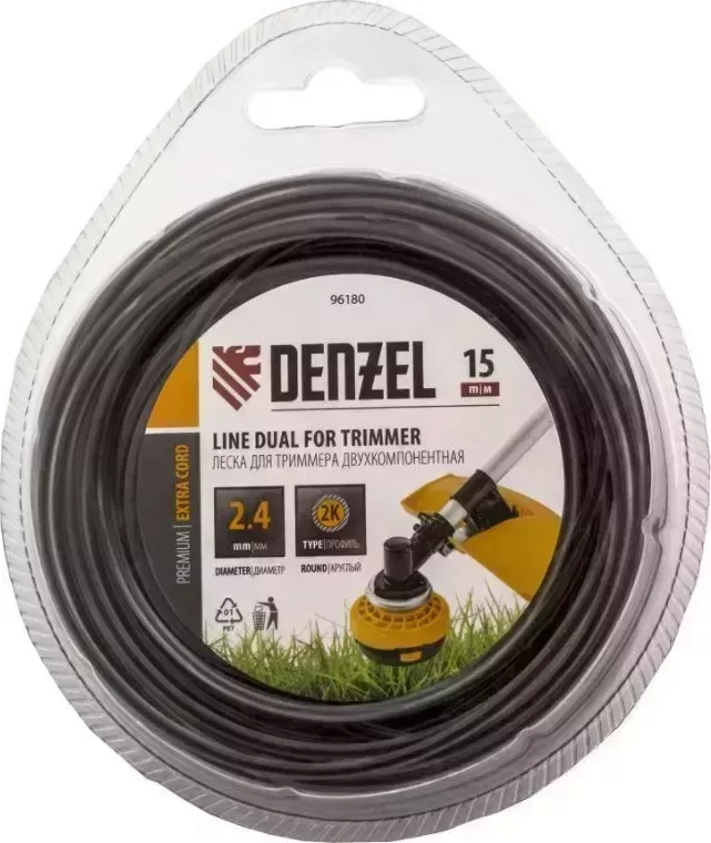 Леска триммерная DENZEL двухкомпонентная для триммера, круглая 2,4мм х 15м, EXTRA CORD 96180 триммера х