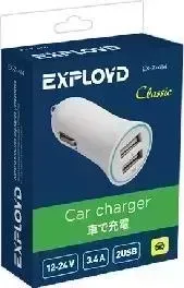 автомобильное зарядное устройство EXPLOYD EX-Z-414 3.4A/2.4А+1А 2хUSB белый