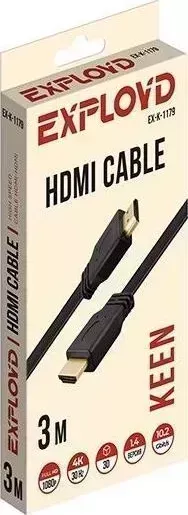 Кабель EXPLOYD EX-K-1179 / /HDMI-HDMI/V1.4/плоский/чёрный/3М / /HDMI-HDMI/V1.4/плоский/чёрный/3М