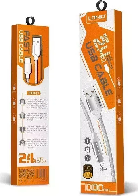 Кабель LDNIO (LD_B4521) LS361/ USB Type-C/ 1m/ 2.4A/ медь: 86 жил/ белый