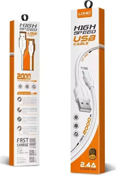 Кабель LDNIO (LD_B4523) LS362/ USB Lightning/ 2m/ 2.4A/ медь: 120 жил/ белый