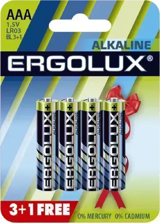 Батарейки ERGOLUX (12865) Alkaline LR03 BL 3+1(FREE) (LR03 BL3+1, батарейка,1.5В)
