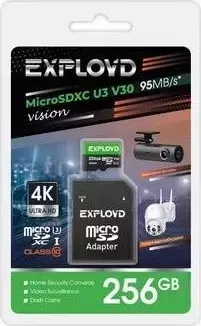 Карта памяти EXPLOYD MicroSDXC 256GB Class 10 (U3) V30 Vision + адаптер SD 95 MB/s, шт 10 + SD 95