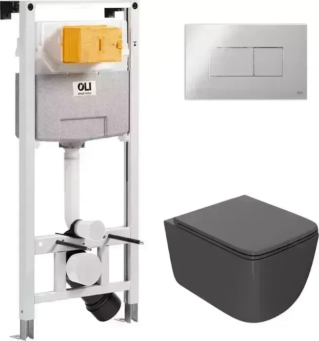 Комплект унитаза с инсталляцией Point Меркурий с OLI pneumatic, клавишей Karisma хром глянцевый, сиденье-микролифт, графит (879235pKA00+PN41831GM)
