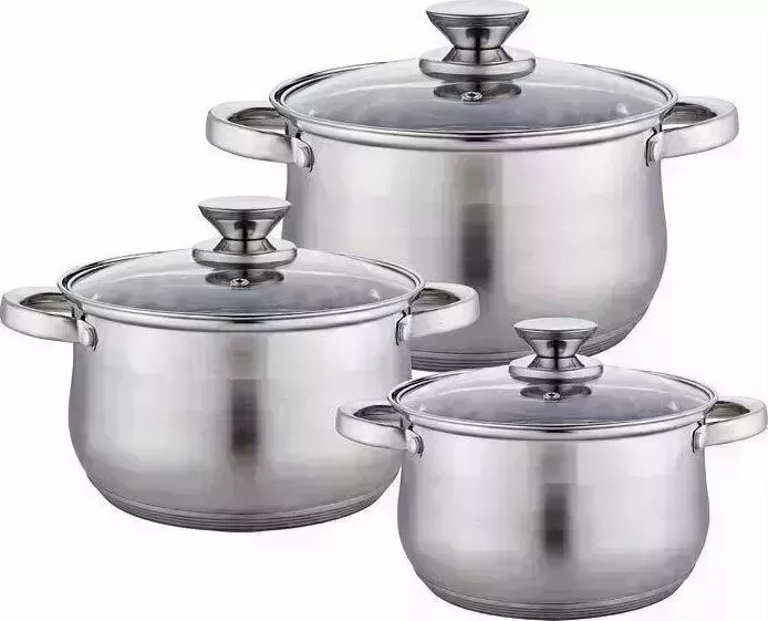 Набор посуды WEBBER BE-615/6 из нерж.стали 6 пр. 2,9л, 5,1л, 6,6л со стеклянными крышками