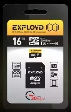 Карта памяти EXPLOYD MicroSDHC 16GB Class10 UHS-1 + адаптер SD (30 MB/s)