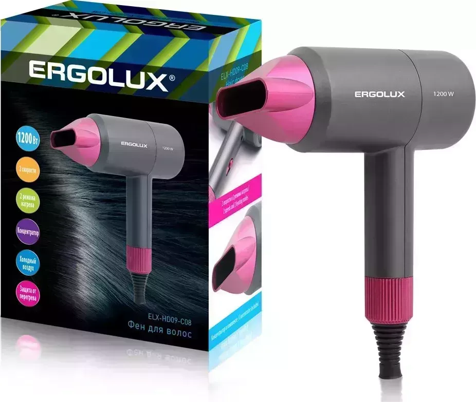 Фен ERGOLUX ELX-HD09-C08 серый/розовый 15207