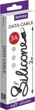 Кабель EXPLOYD (EX-K-1502) USB - 8 pin/круглый/силикон/чёрный/2М/3A