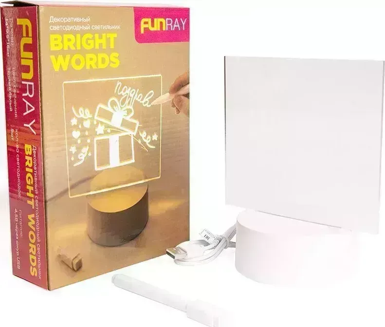 Гирлянда FUNRAY BRIGHT WORDS,наст.,акр.ст.,шнур USB,цвет:тепл.бел.,5LED,140*95*160мм,4,5В "BRIGHT WORDS",наст.,акр.ст.,шнур