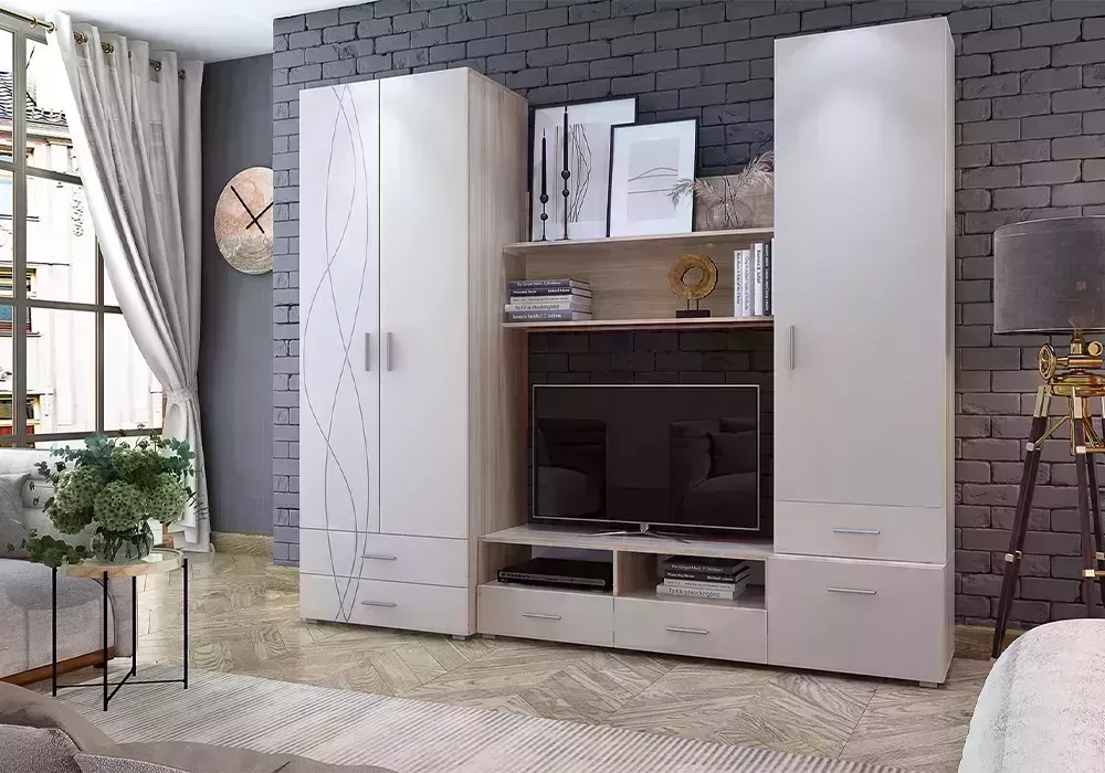 Гостиная STOLLINE Стенка Медея ясень шимо / крем бежевый