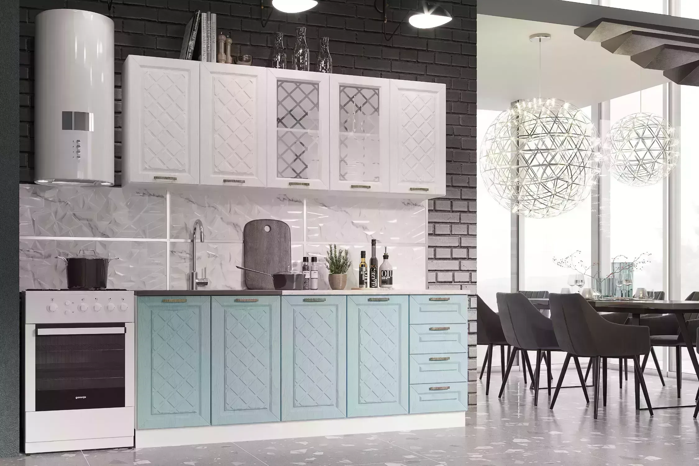 Кухонный гарнитур ЭРА Агава 2.0 м акация белая / аква