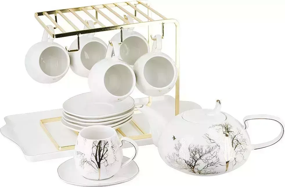 Чайный набор NOUVELLE HOME на металлической подставке с подносом 15пр. "5th Avenue. Golden Forest" (6 персон) v=11 1400042