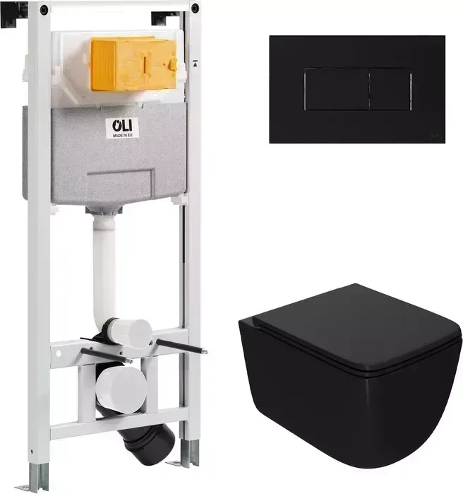 Комплект унитаза с инсталляцией Point Меркурий с OLI pneumatic, черной клавишей Karisma, сиденье-микролифт, черный (879235pKA03+PN41831BM)