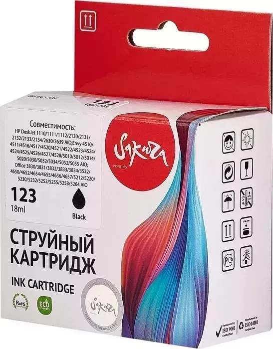 Картридж Sakura F6V17AE (№123 Black) для HP, черный, 18 мл., 600 к.