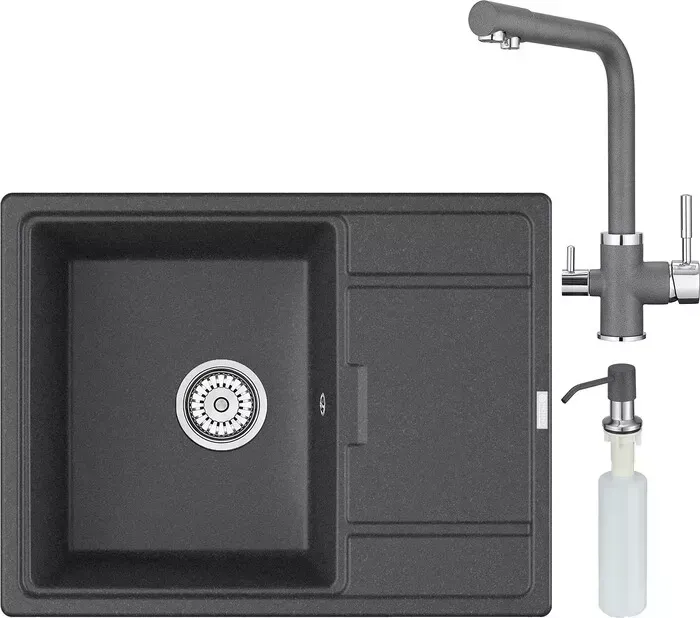 Мойка кухонная и смеситель Point и Стил 65 с дозатором, графит (PN3009GR, PN3103GR, PN3201GR) и 65 с