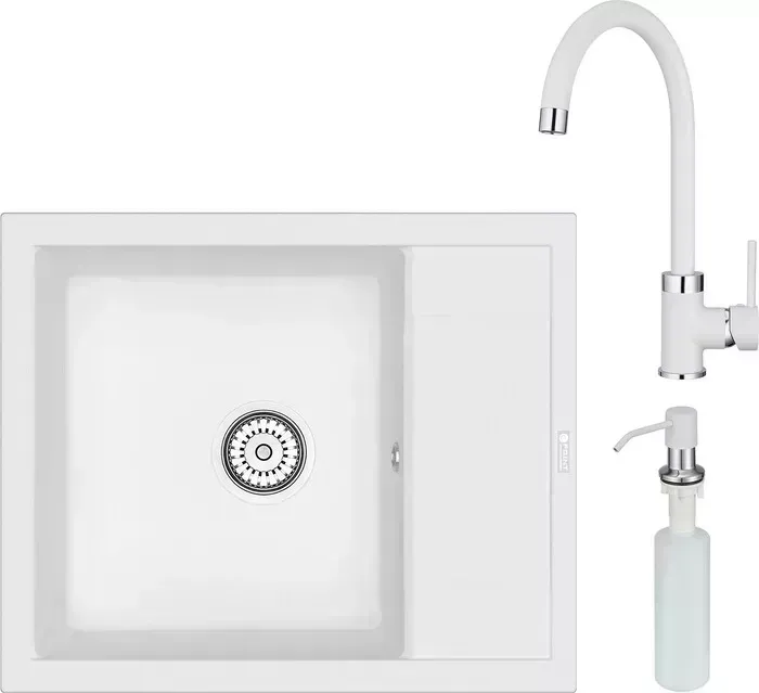 Мойка кухонная и смеситель Point и Римо 60 с дозатором, белая (PN3010W, PN3101W, PN3201W) и 60 с