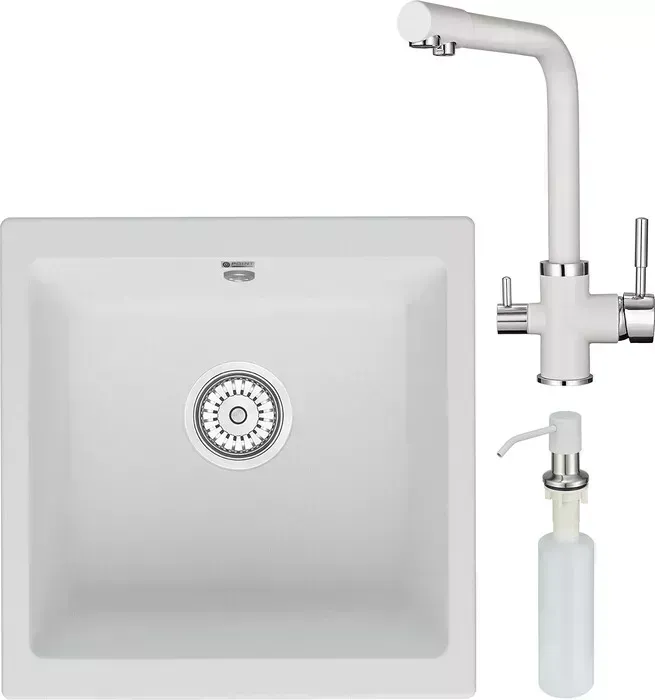 Мойка кухонная и смеситель Point и Бату 45 с дозатором, белая (PN3008W, PN3103W, PN3201W) и 45 с