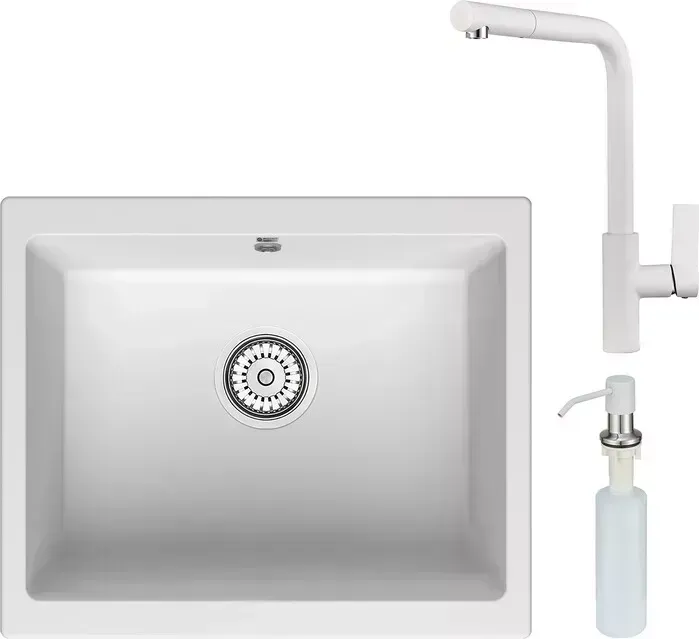 Мойка кухонная и смеситель Point и Сидли 55 с дозатором, белая (PN3007W, PN3102W, PN3201W) и 55 с