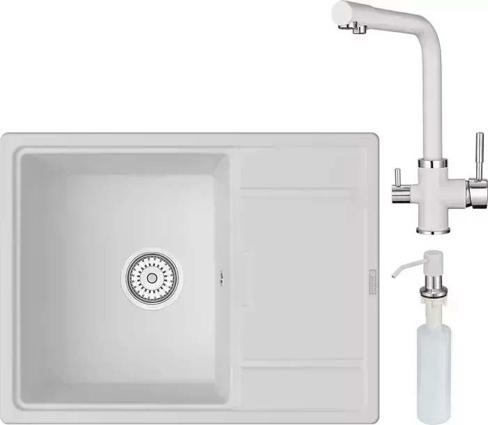 Мойка кухонная и смеситель Point и Стил 65 с дозатором, белая (PN3009W, PN3103W, PN3201W) и 65 с