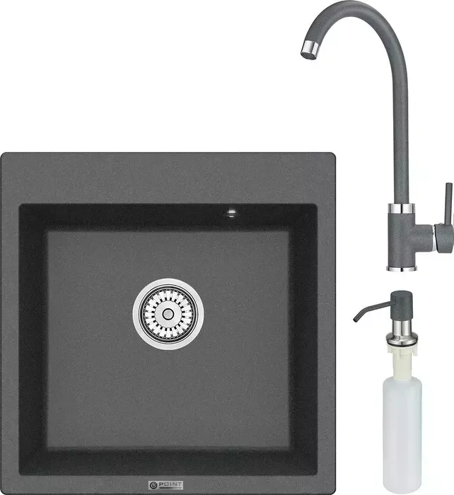 Мойка кухонная и смеситель Point и Арбель 51 с дозатором, графит (PN3001GR, PN3101GR, PN3201GR) и 51 с