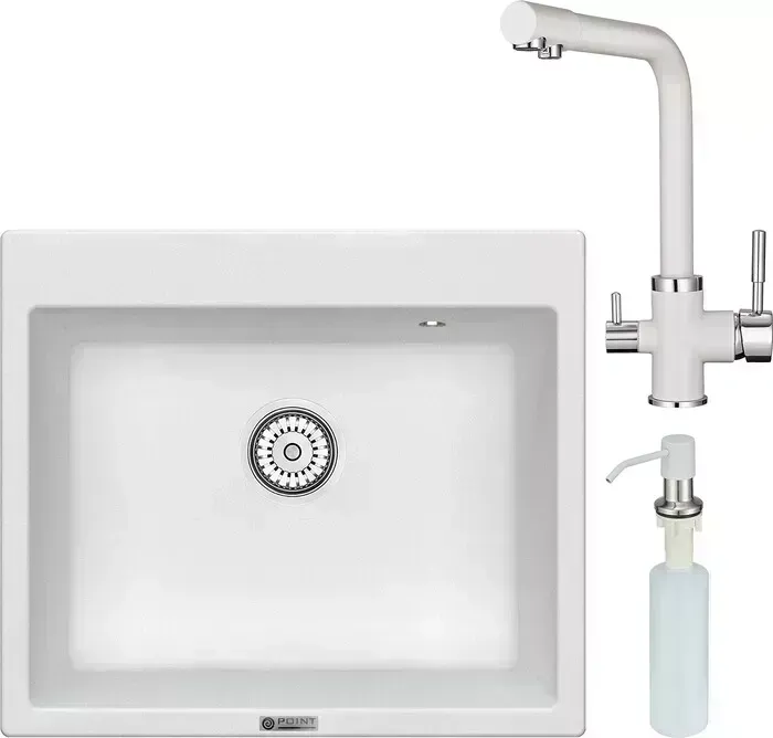 Мойка кухонная и смеситель Point и Бинга 60 с дозатором, белая (PN3003W, PN3103W, PN3201W) и 60 с
