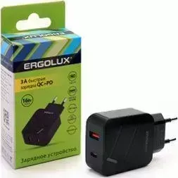 Сетевой адаптер ERGOLUX (15108) ELX-РA01QC-C02 ( 18Вт 1USB+1Type C, 100-220В, 5-9V/3А, QC, Черный, Коробка) СЗУ ( C,