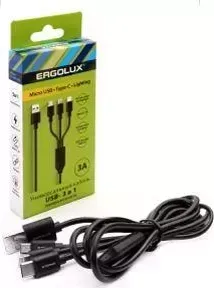 Кабель ERGOLUX (15099) ELX-CDC05-C02 ( 3в1- Micro USB-Lightning-Type C, 3А, 1,2м, Черный, Зарядка, Коробка)