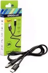 Кабель ERGOLUX (15094) ELX-CDC02-C02 ( USB-Type C, 3А, 1,2м, Черный, Зарядка+Передача данных, Коробка)