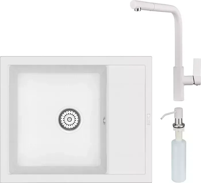 Мойка кухонная и смеситель Point и Римо 60 с дозатором, белая (PN3010W, PN3102W, PN3201W) и 60 с