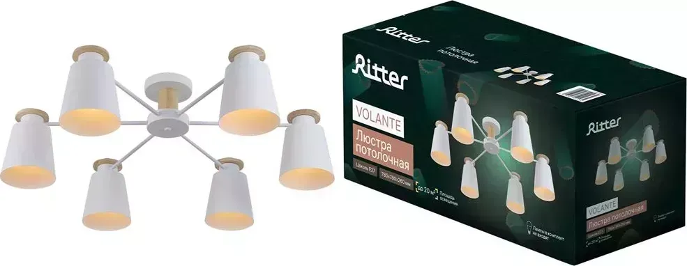 Люстра RITTER 52443 4 VOLANTE 6хE27 металл, дерево, белый, дерево потолочная 4