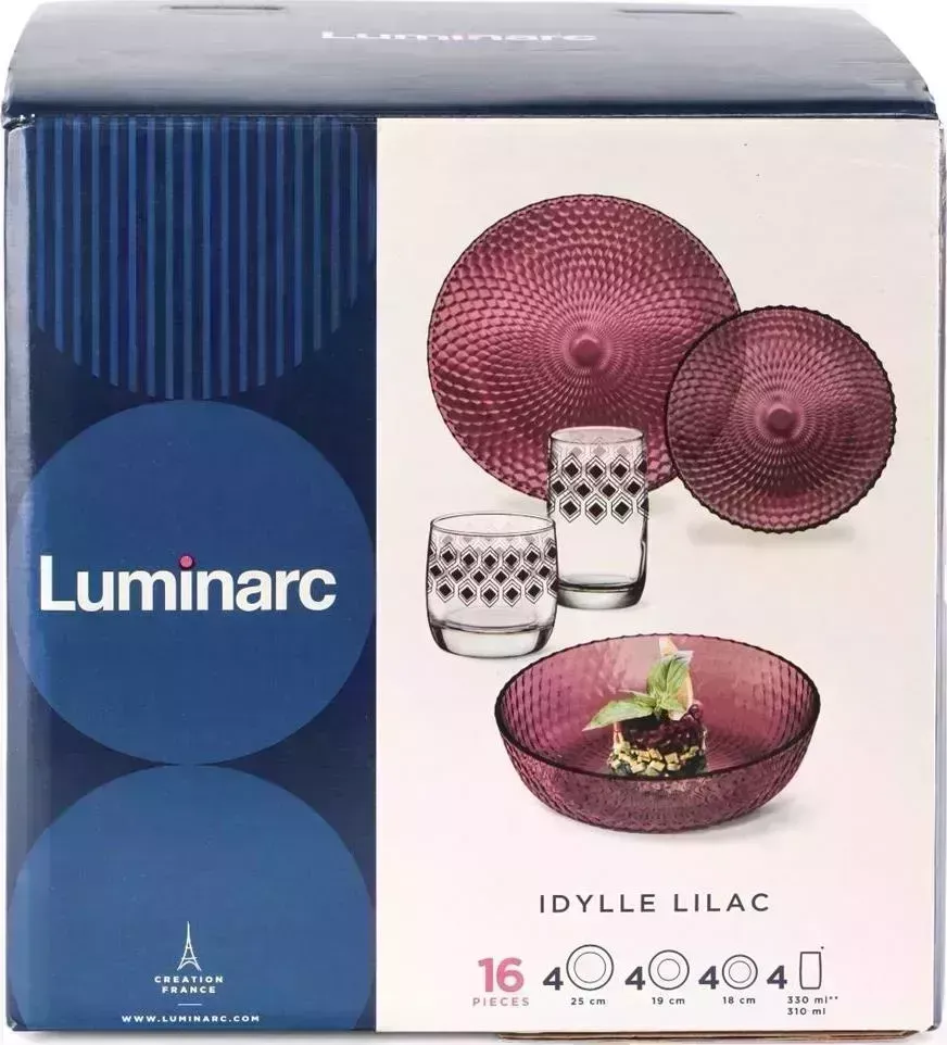 Столовый набор LUMINARC ИДИЛЛИЯ ЛИЛАК 16пр со стаканами РОМБ ЛИЛАК 310мл S1302
