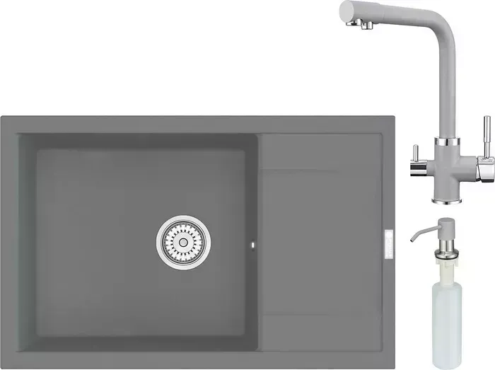 Мойка кухонная и смеситель Point и Велета 78 с дозатором, серая (PN3002AL, PN3103AL, PN3201AL) и 78 с