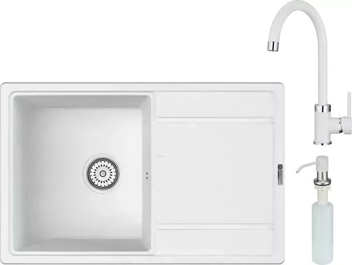 Мойка кухонная и смеситель Point и Лаура 78 с дозатором, белая (PN3005W, PN3101W, PN3201W) и 78 с